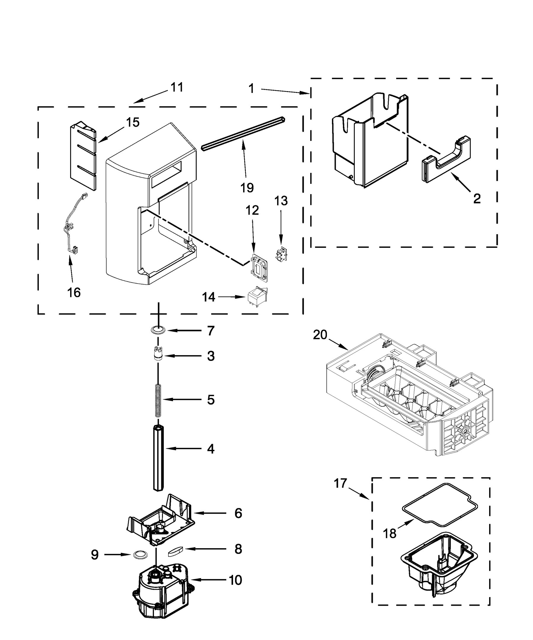 10651332713 Motor and ice container parts appliance exploded-view parts diagram