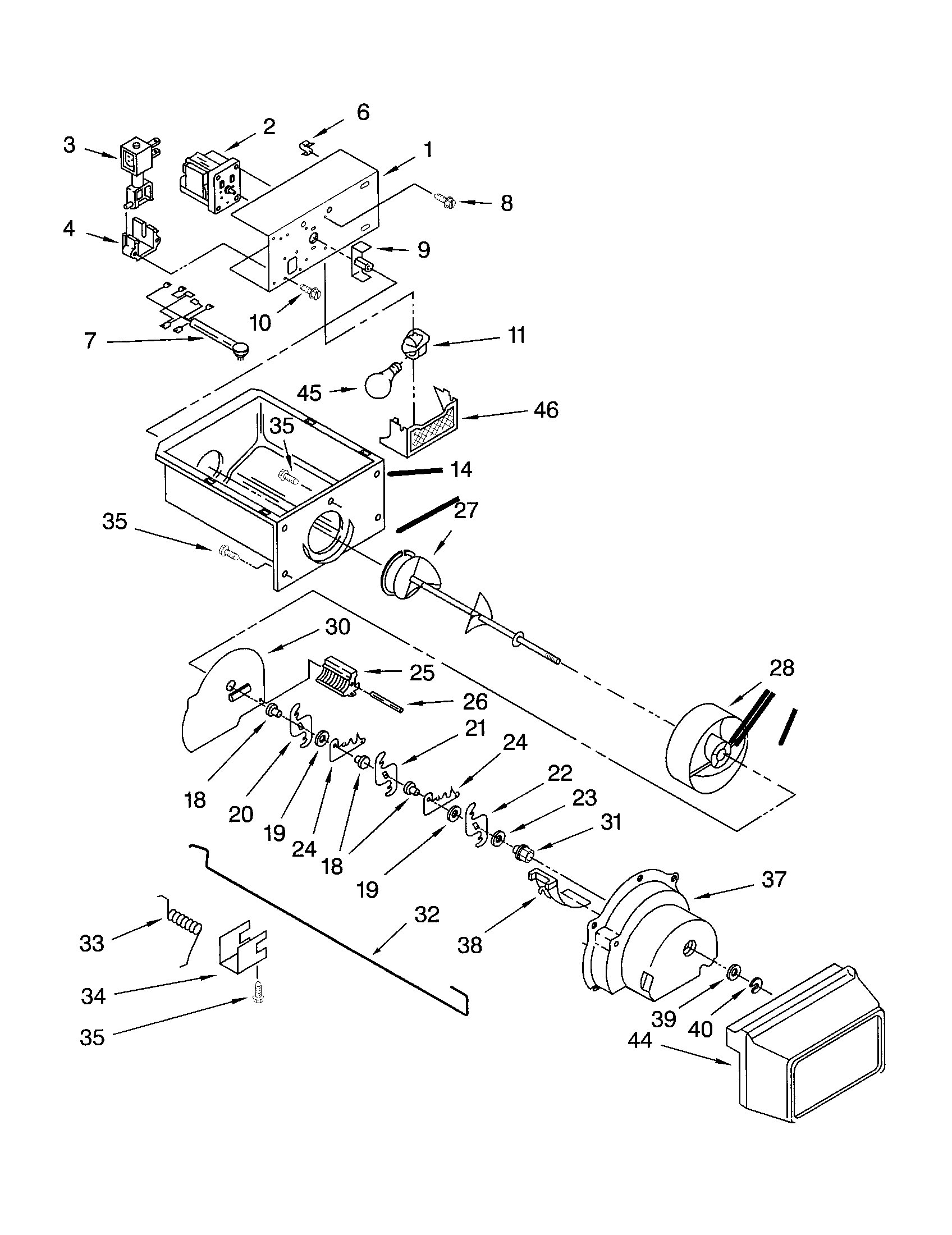 10651512101 Motor and ice container appliance exploded-view parts diagram