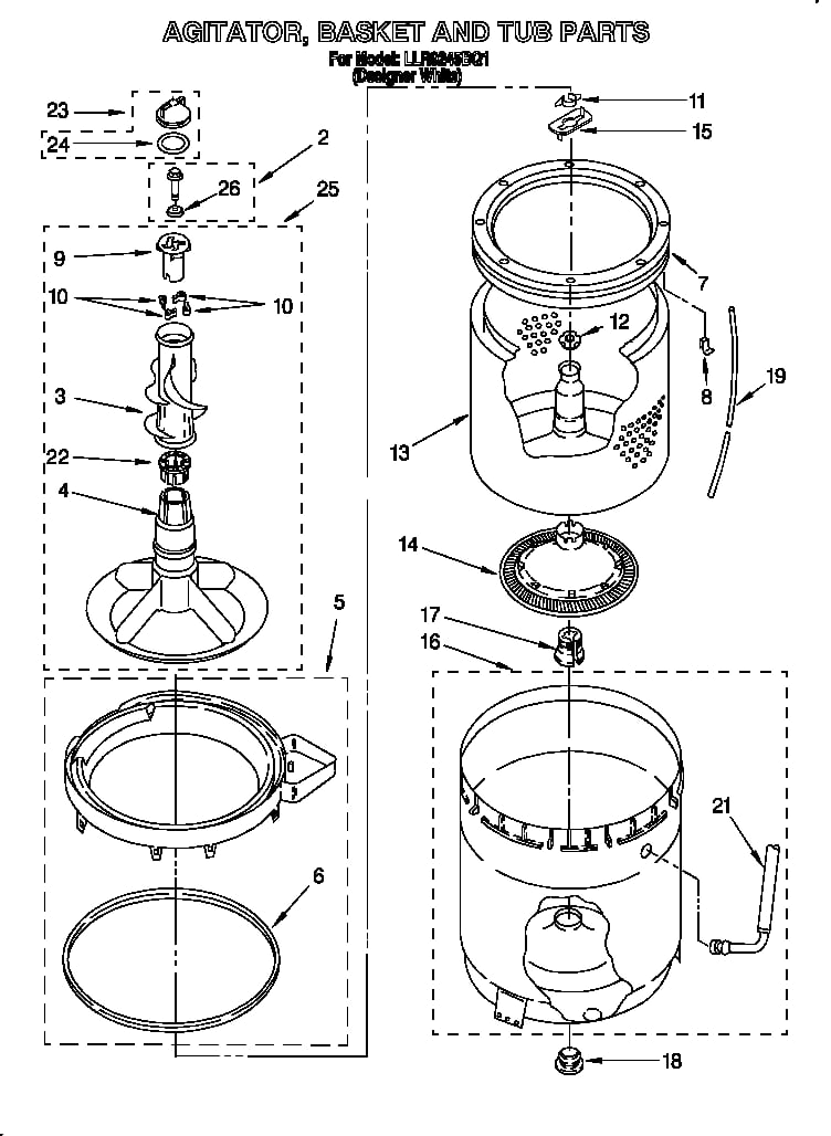 Agitator, basket and tub