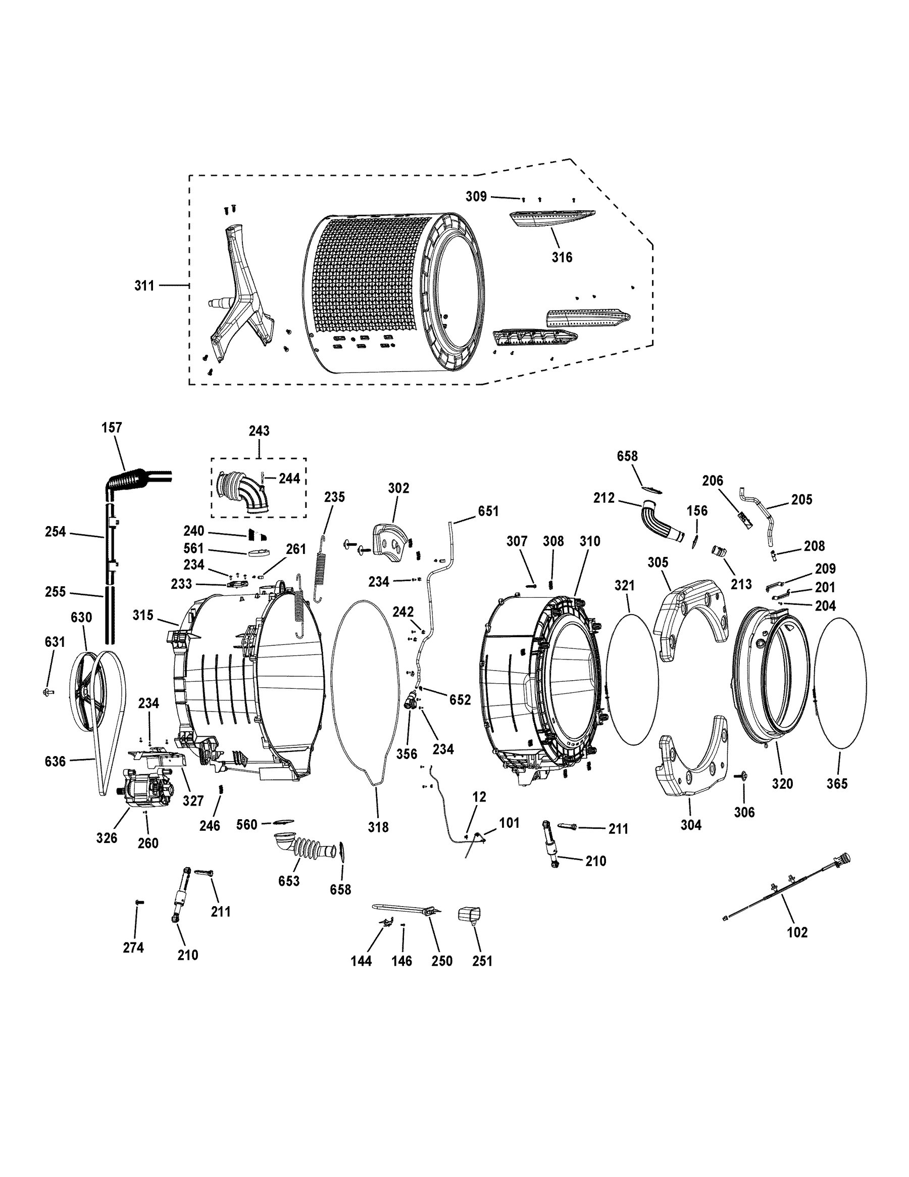 PFW870SPV0RS Tub & motor appliance exploded-view parts diagram