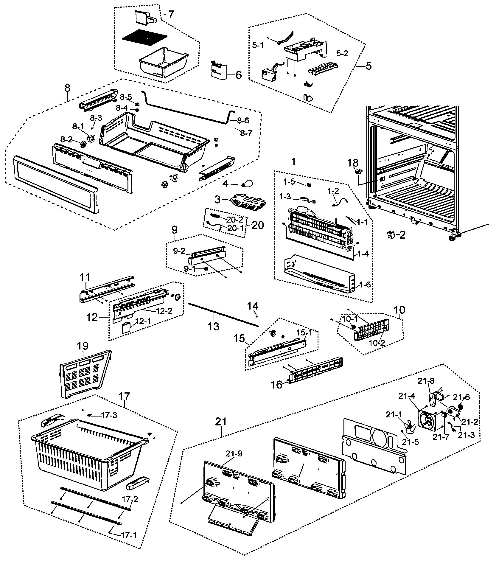 RF263AEBP Freezer appliance exploded-view parts diagram
